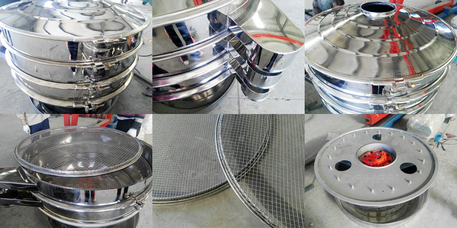 玉米淀粉振動篩分機(jī)細(xì)節(jié)：鎖扣，出料口，防塵蓋，網(wǎng)架，振動底座。