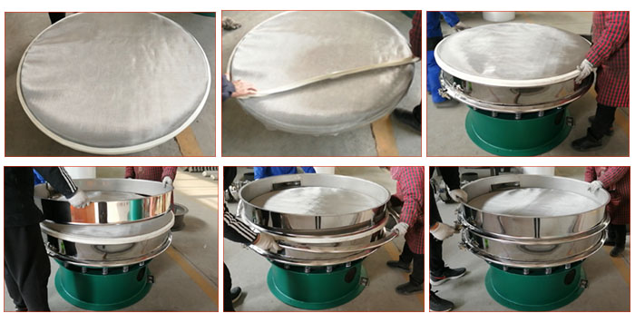 食品振動篩網(wǎng)安裝步驟3,將密封圈安裝到網(wǎng)架周圍,將篩框放到網(wǎng)架上,并利用束環(huán)將上下兩層篩框固定在一起。