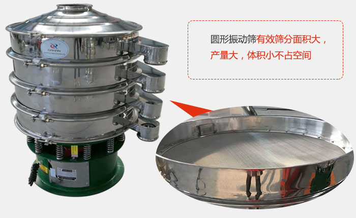 圓形振動篩有效篩分面積大,產(chǎn)量大,體積小不占空間。