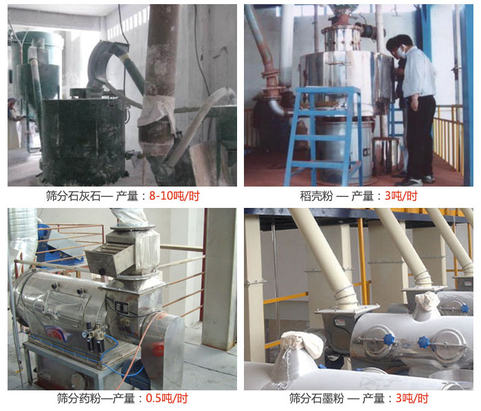 氣旋篩分機篩分石灰石，藥粉，石墨粉，稻殼粉等案例現(xiàn)場