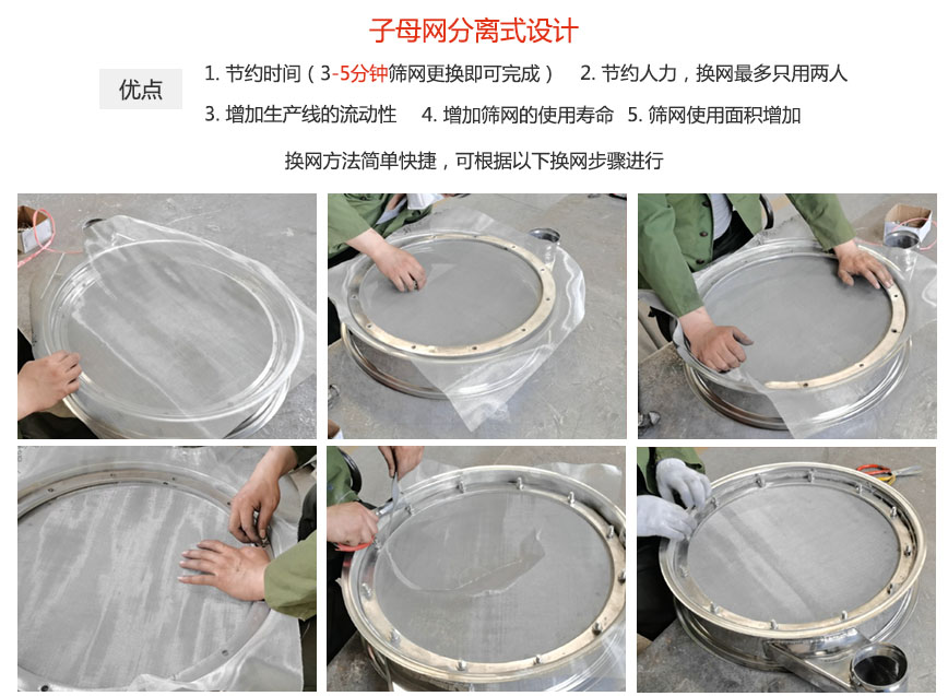 大漢振動(dòng)機(jī)械換網(wǎng)優(yōu)勢：1，節(jié)省時(shí)間（3-5分鐘篩網(wǎng)更換即可完成）2，節(jié)省人力，換網(wǎng)只有兩人。3.增加生產(chǎn)線的流暢性。4.增加篩網(wǎng)壽命，彈跳球不直接撞擊子網(wǎng)。5.篩網(wǎng)使用面積增加。