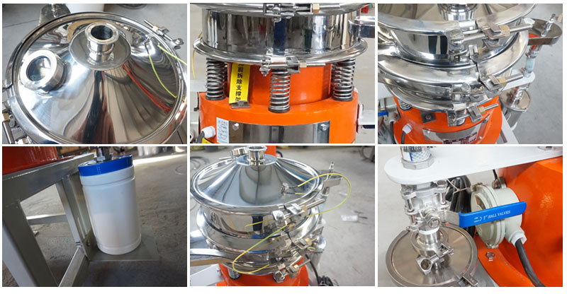 氣體保護(hù)超聲波振動篩細(xì)節(jié)：控制閥，料罐，篩網(wǎng)。