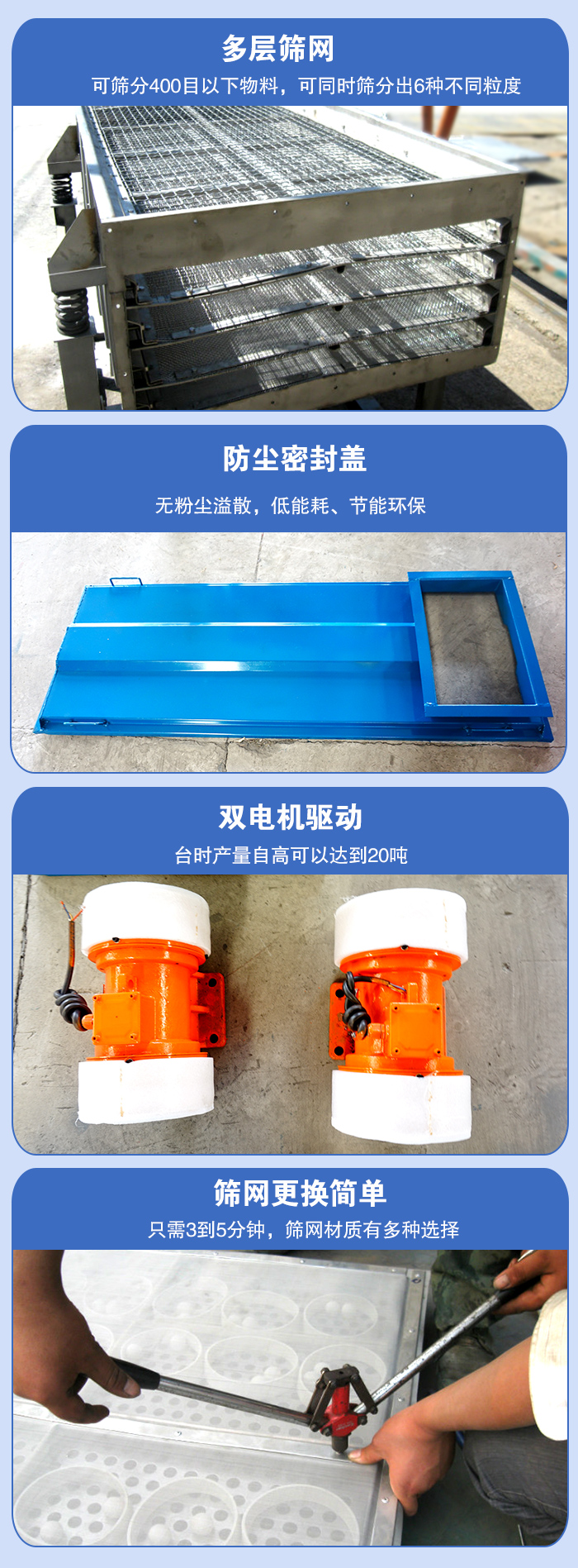 直線振動篩的特點：多層篩網：可篩分400目以下物料，可同時篩分出6種不同粒度。防塵密封蓋：無粉塵溢散，低能耗，。雙電機驅動：臺時產量高可以達到20噸。篩網更換簡單：只需3到5分鐘，篩網材質有多種選擇。