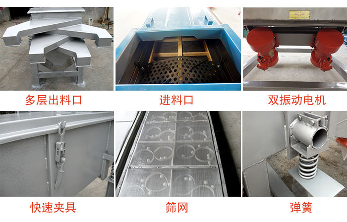 多層直線振動篩出料口,篩網,彈簧,快速夾具,振動電機等