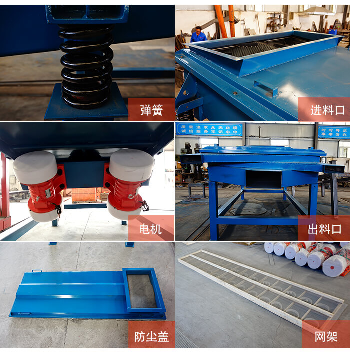1035直線振動篩細節(jié)展示：出料口，振動彈簧，振動電機，進料口。