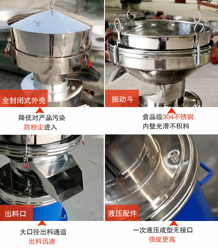 450過(guò)濾篩機(jī)結(jié)構(gòu)組成：全封閉式外殼設(shè)計(jì)：對(duì)產(chǎn)品的污染低，防塵粉進(jìn)入電機(jī)內(nèi)部延長(zhǎng)設(shè)備壽命。振動(dòng)斗：食品304不銹鋼篩斗，內(nèi)壁光滑不存在積料現(xiàn)象。出料口，大口徑出料通道，出料迅速，提高工作效率。液壓配件：一次液壓成型無(wú)接口強(qiáng)度更高。