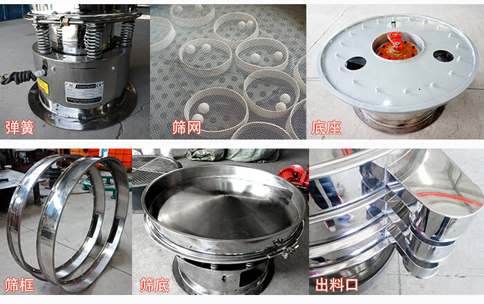 細節(jié)展示：篩框，篩網(wǎng)，振動底座，振動體，出料口。