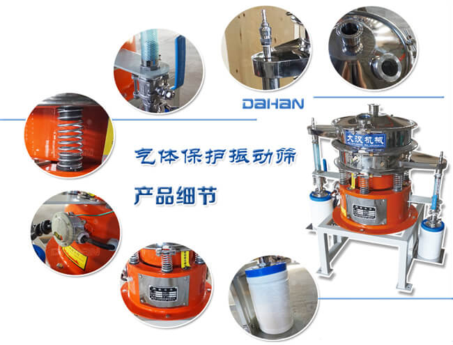 氣體保護(hù)振動篩細(xì)節(jié):振動彈簧,手動閥門,料罐等。